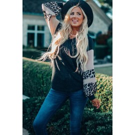 Gray Knit Contrast Puff Leopard Sleeves Top