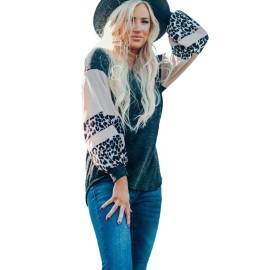 Gray Knit Contrast Puff Leopard Sleeves Top