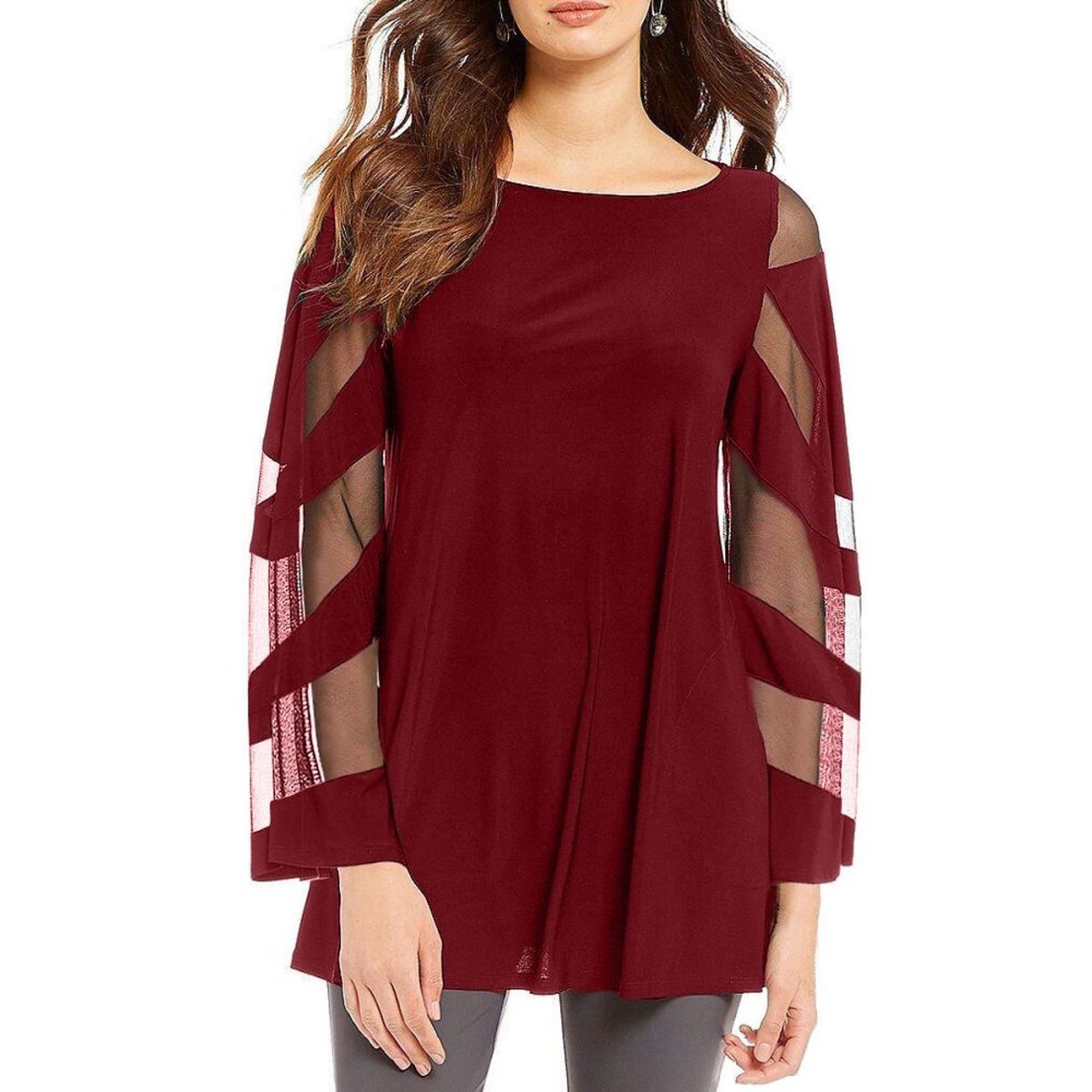 Red Long Sleeve Boat Neck Chiffon Blouse