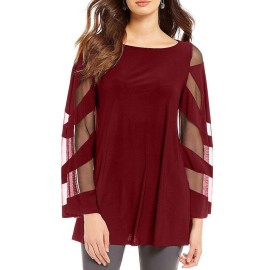 Red Long Sleeve Boat Neck Chiffon Blouse