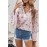 Pink Floral Print V Neck Drawstring Flared Sleeve Top