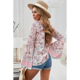 Pink Floral Print V Neck Drawstring Flared Sleeve Top