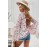 Pink Floral Print V Neck Drawstring Flared Sleeve Top