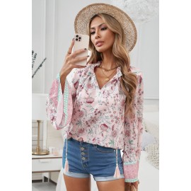 Pink Floral Print V Neck Drawstring Flared Sleeve Top
