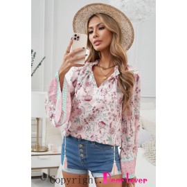 Pink Floral Print V Neck Drawstring Flared Sleeve Top