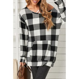 Plaid Kangaroo Pocket Long Sleeve Blouse
