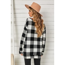 Plaid Kangaroo Pocket Long Sleeve Blouse