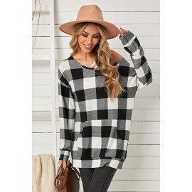 Plaid Kangaroo Pocket Long Sleeve Blouse