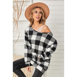 Plaid Kangaroo Pocket Long Sleeve Blouse