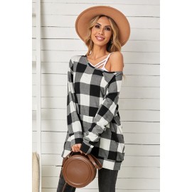 Plaid Kangaroo Pocket Long Sleeve Blouse