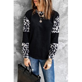 Black Leopard Colorblock Mock Neck Long Sleeve Top