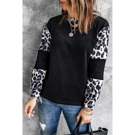 Black Leopard Colorblock Mock Neck Long Sleeve Top