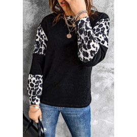 Black Leopard Colorblock Mock Neck Long Sleeve Top
