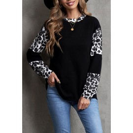 Black Leopard Colorblock Mock Neck Long Sleeve Top