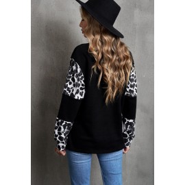 Black Leopard Colorblock Mock Neck Long Sleeve Top