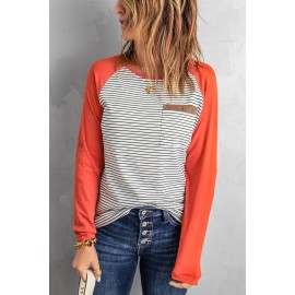 Raglan Sleeve Splicing Striped Top with Pocket