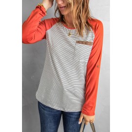 Raglan Sleeve Splicing Striped Top with Pocket