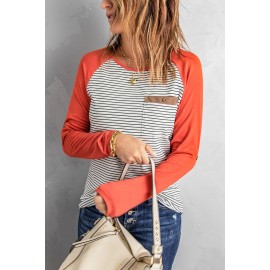 Raglan Sleeve Splicing Striped Top with Pocket
