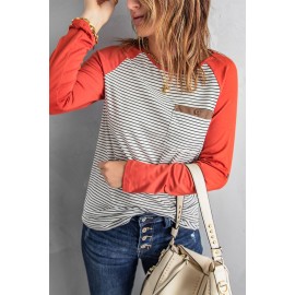 Raglan Sleeve Splicing Striped Top with Pocket
