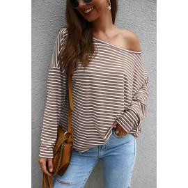 Khaki Boat Neck Drop Shoulder Striped Oversized Top