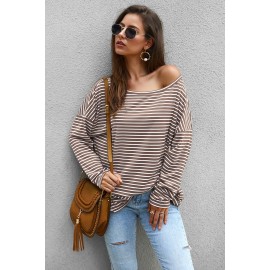 Khaki Boat Neck Drop Shoulder Striped Oversized Top