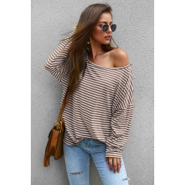 Khaki Boat Neck Drop Shoulder Striped Oversized Top