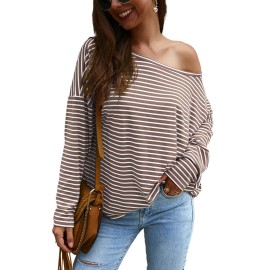 Khaki Boat Neck Drop Shoulder Striped Oversized Top
