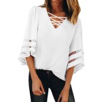 White Criss Cross Neck 3/4 Bell Sleeve Blouse