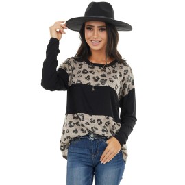 Black Latter Colorblock Leopard Print Long Sleeve Top