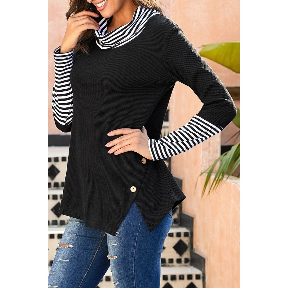 Black Striped Cowl Neck Cuffs Asymmetric Waffle Blouse