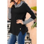 Black Striped Cowl Neck Cuffs Asymmetric Waffle Blouse