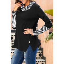 Black Striped Cowl Neck Cuffs Asymmetric Waffle Blouse