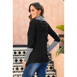 Black Striped Cowl Neck Cuffs Asymmetric Waffle Blouse