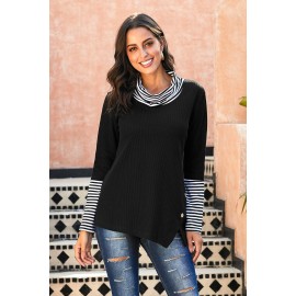 Black Striped Cowl Neck Cuffs Asymmetric Waffle Blouse