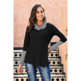 Black Striped Cowl Neck Cuffs Asymmetric Waffle Blouse
