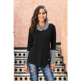 Black Striped Cowl Neck Cuffs Asymmetric Waffle Blouse