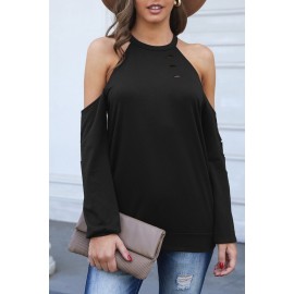 Black Hollow Out Off-the-shoulder Long Sleeve T-shirt