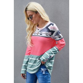 Pink Tribal Striped Long Sleeve T-shirt