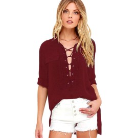 Burgundy Long Sleeve Lace-up Top