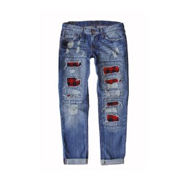 Buffalo Plaid Patches Distressed Straight Jeans
