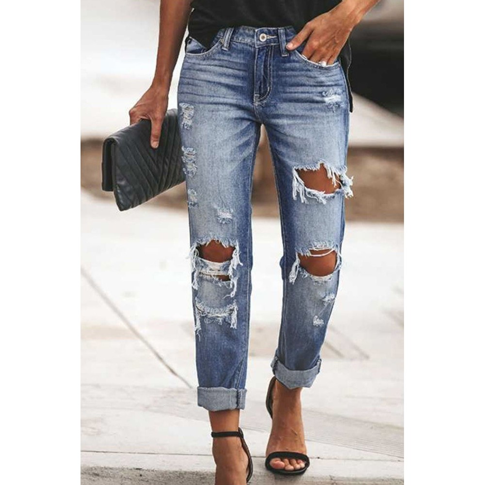 Blue Mid Waist Straight Leg Distressed Wash Jeans