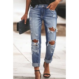 Blue Mid Waist Straight Leg Distressed Wash Jeans