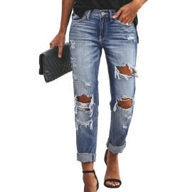 Blue Mid Waist Straight Leg Distressed Wash Jeans