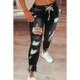 Black Elastic Waist Mid-waist Ripped Denim Trousers