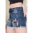 Dark Blue Lace Patches Ripped Denim Shorts