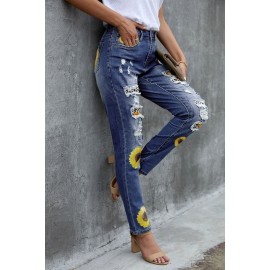 Leopard Patchwork Sunflower Print Distressed High Waist Jeans