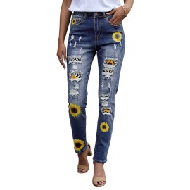 Leopard Patchwork Sunflower Print Distressed High Waist Jeans