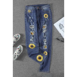 Leopard Patchwork Sunflower Print Distressed High Waist Jeans
