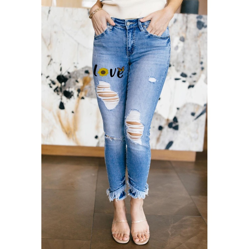 Love Letters Sunflower Butterfly Print Ripped Raw Anklet Jeans