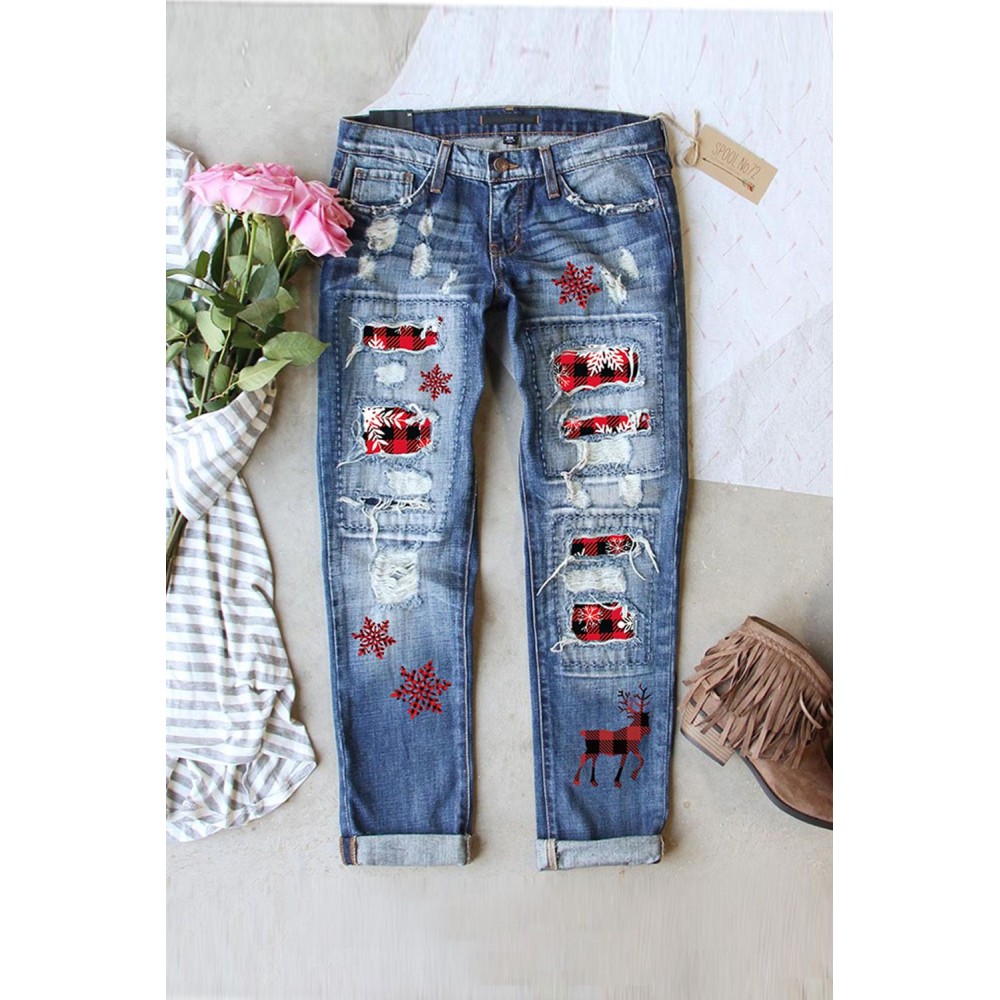 Christmas Plaid Patchwork Distressed Jeans